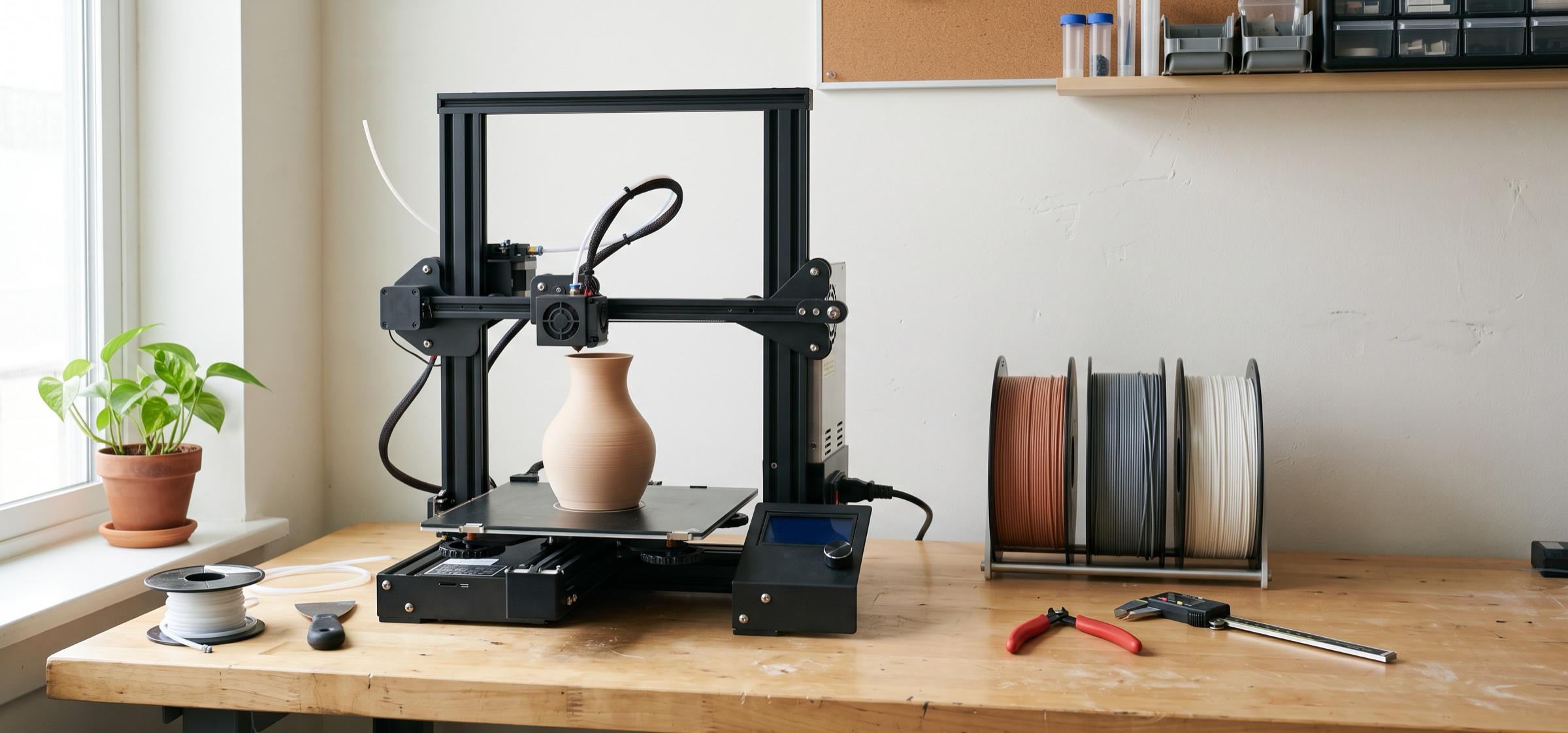Bancada de marcenaria com uma impressora 3D imprimindo um vaso, três rolos de filamento ao lado e ferramentas sobre a mesa.